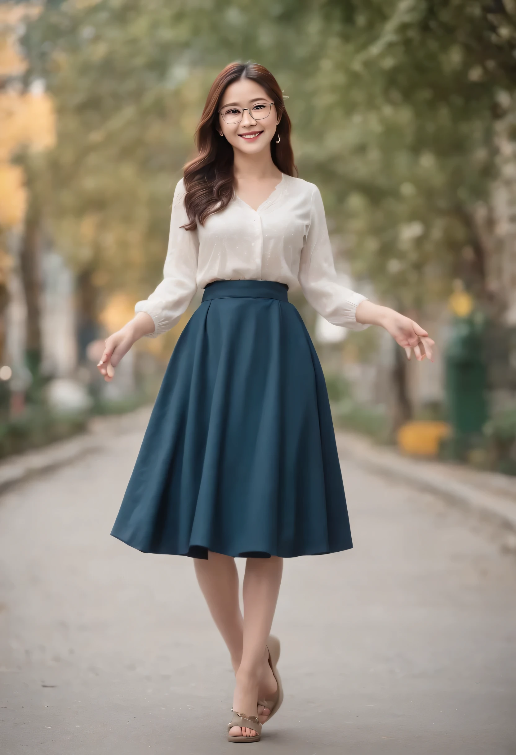 masterpiece, Smiling girl holding one hand and bending her body, curly long hair, On the street, feeling of autumn, wear a shirt, skirt and slippers, one hand holds the other hand, the light shines from the side, cinematic state, Japanese girl, fixed hand and finger, humanize, indonesian style background, black hair, wear thin glasses