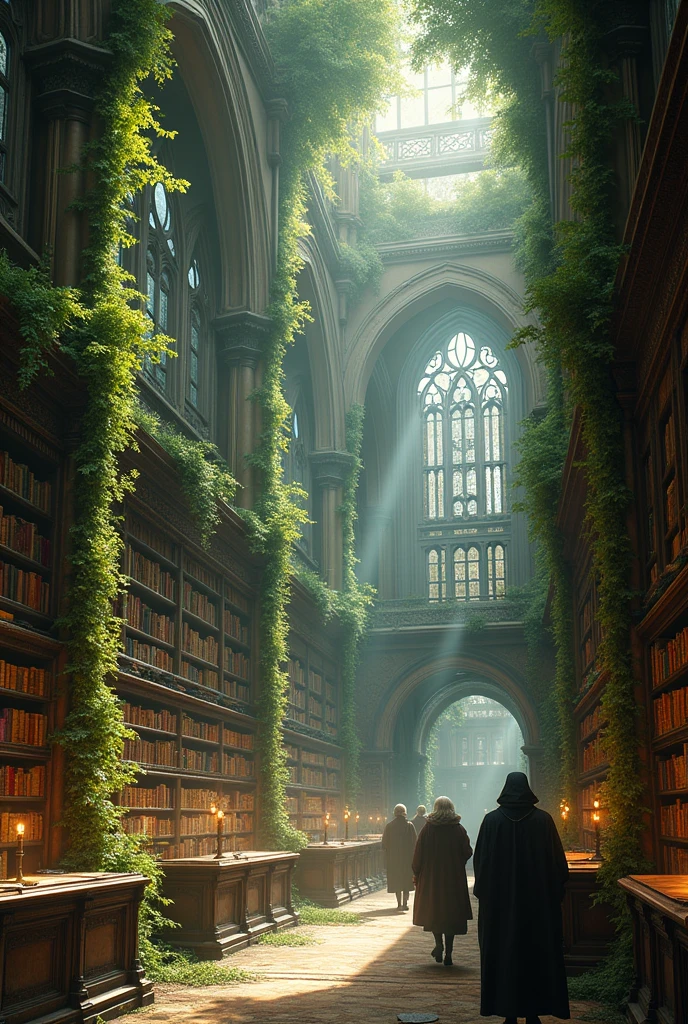 An ancient library with endless books and lots of vegetation growing