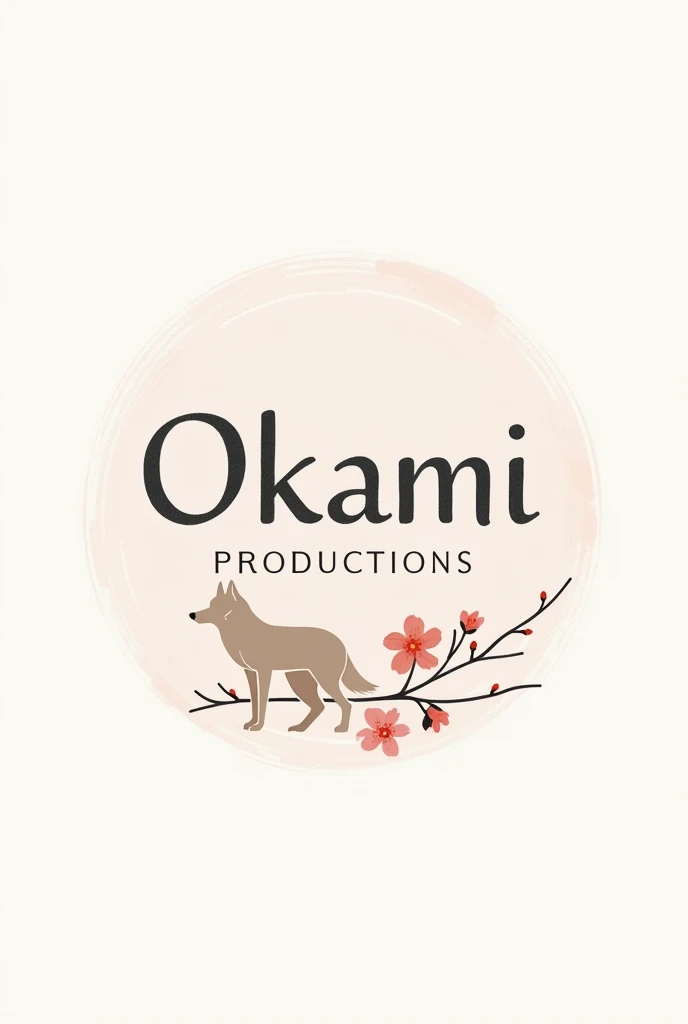 Logo for photography business named Okami Productions. Include a minimalistic wolf, business name, and sakura flowers in the logo. Make logo circular. Paintbrush font.