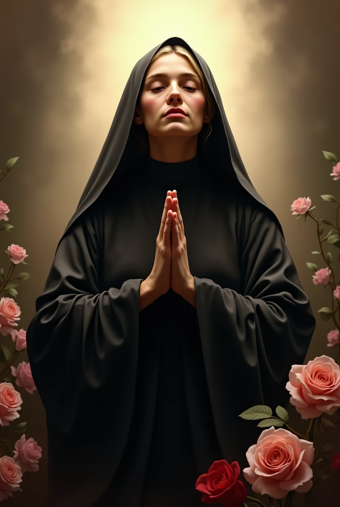 create image of saint Rita of Cassia with black robes with light of jesus and light roses