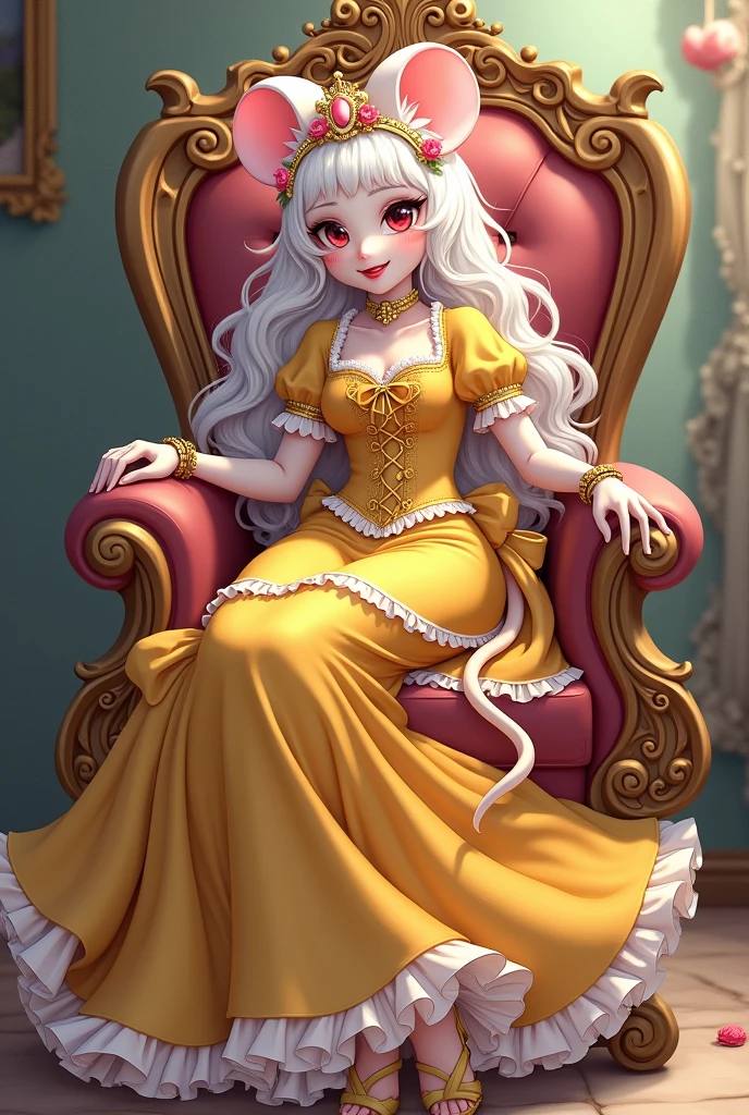 (best quality,4k,8k,highres,masterpiece:1.2), ultra-detailed, Pretty anthropomorphic mouse girl has a princess, drawn in anime style, steampunk, wearing a yellow princess mermaid gown with puffy sleeves, steampunk, gorgeous frilly dress design,flowing gown,elaborate lace details,rich textures,contrast stitching,delicate ribbon bows,floral accents, flowers embroidery, full skirt,short sleeves,fitted waistline,flared cuffs,lace-up back,luxurious fabrics,flawless silhouette, long curly white hair and red eyes, white fur, smiling, mouse ears and tail, high heels, white elbow gloves, gold bracelets, tiara made of seashells, red lipstick, eyeshadow, seashell necklace, sitting elegantly on a throne.