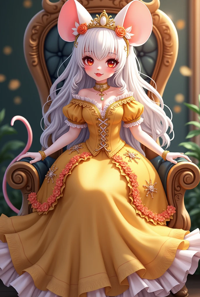 (best quality,4k,8k,highres,masterpiece:1.2), ultra-detailed, Pretty albino girl has a princess, drawn in 2D anime style, steampunk, wearing a yellow princess gown with puffy sleeves, steampunk, gorgeous frilly dress design,flowing gown,elaborate lace details,rich textures,contrast stitching,delicate ribbon bows, fish scales pattern accents, flowers embroidery, full skirt,short sleeves,fitted waistline,flared cuffs,lace-up back,luxurious fabrics,flawless silhouette, long curly white hair and red eyes, white fur, smiling, mouse ears and tail, ribboned high heels, white elbow evening gloves, gold bracelets, tiara made of seashells, beautifully detailed lips with lipstick, long eyelashes, eyeshadow, seashell necklace, in a castle bedroom with intricate decoration and luxurious furniture, flower wallpaper, she is happily checking her new princess dress.