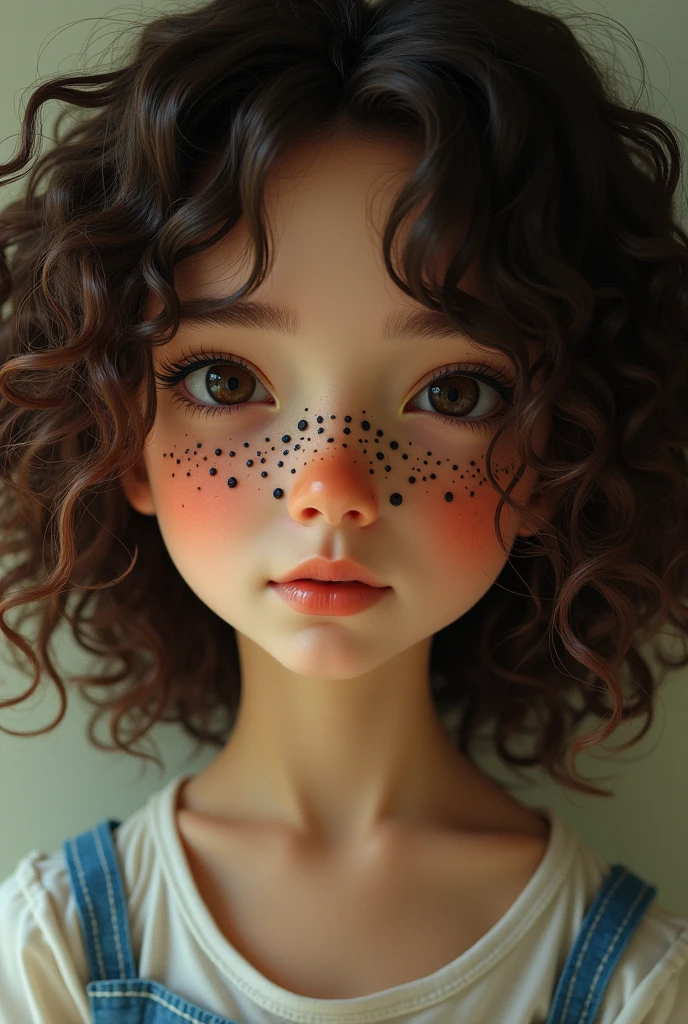 A curly haired brown girl,roman nose,and with macadamized lines,with a round face

