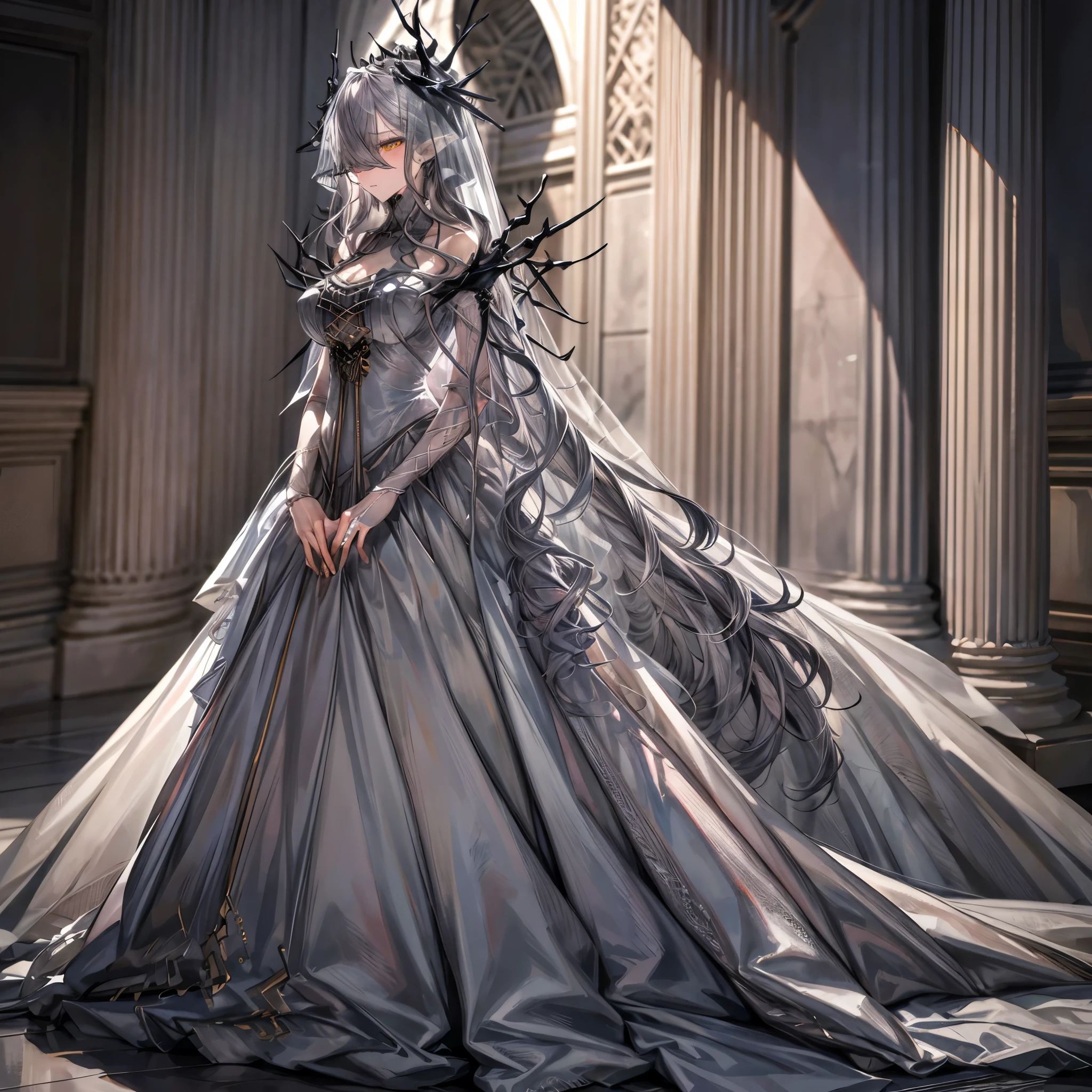 grey-hairstyle, veil over eyes, horns,yellow eyes,grey hair,Have a pair of long legs，Possessing a pair of huge devil wings，Wedding Dress，Wedding Dress，Wedding Dress，Wedding Dress，With pink waist-length hair，Loose hair，Wearing a pair of Mary Janes，Pink hair bance full of enjoyment，Standing tall in a crowded town, Wanton destruction，It seems to be an invincible existence，beautiful appearance，Exquisite makeup，quality，8k,high quality,(Governor:1.5)，Aerial view，Perfect proportion, Cinema Lighting, Film Grain, Fuji Colors, 8k, textured skin, Super Detail, High Detail, high quality, high resolution,