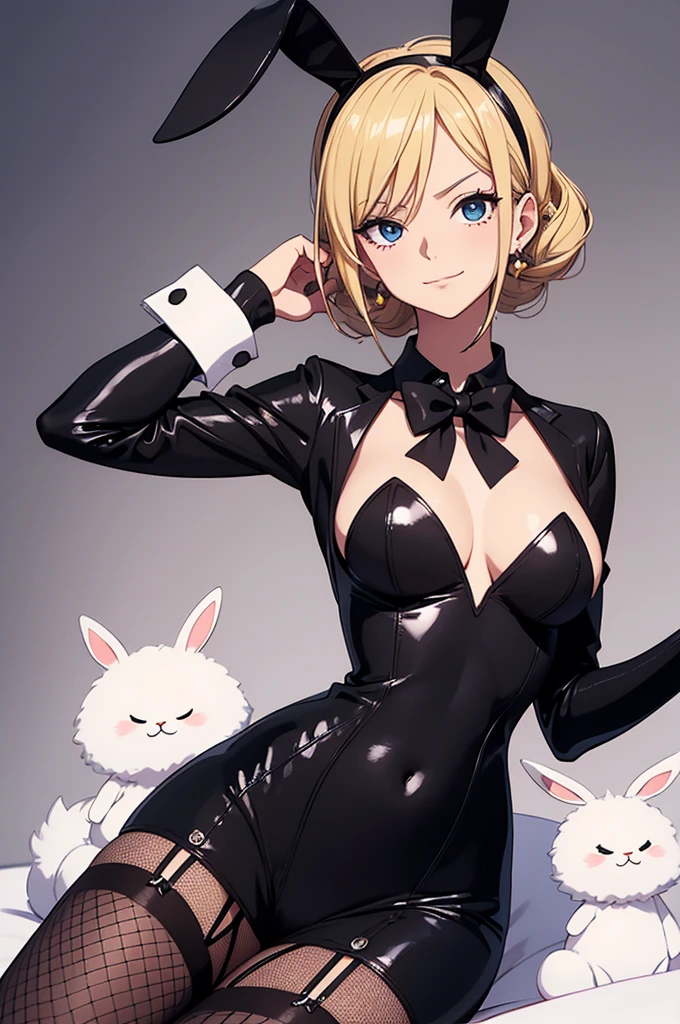 Visualize a gender-swapped Sanji from *One Piece* reimagined in a classic bunny outfit with an air of sophistication and elegance. Her blonde hair is styled in soft, voluminous curls that frame her face, giving her a glamorous and alluring look. Her bright blue eyes are playful yet confident, reflecting Sanji’s charm and charisma, but with a flirtatious twist.

She is dressed in a traditional bunny outfit, but with a few stylish modifications:

- **Outfit:** A sleek, black satin bodysuit that fits her figure perfectly, accentuating her feminine curves while exuding elegance. The bodysuit features a sweetheart neckline that adds a touch of softness to the bold outfit, with a white, fluffy bunny tail attached to the back.
- **Accessories:** She wears a pair of tall, black fishnet stockings that extend up to her mid-thigh, adding a hint of playfulness and allure. The stockings are held up by a set of black garters, which peek out just below the bodysuit, adding a chic detail to the ensemble.
- **Footwear:** On her feet are a pair of classic black stiletto heels, giving her added height and elegance. The heels are sleek and polished, perfectly matching the rest of the outfit and adding to the overall sophistication.
- **Bunny Ears:** A pair of black, satin bunny ears sits atop her head, adding a playful and iconic touch to the outfit. The ears are tall and stand upright, giving her a fun, whimsical look while maintaining her poised demeanor.
- **Cuffs and Collar:** She completes the look with a pair of white, satin cuffs on her wrists and a matching white collar around her neck, adorned with a small black bowtie. These details add a classic and polished touch to the outfit, making it both stylish and timeless.

**Additional Details:**

- **Pose:** Sanji’s pose is confident and flirtatious, perhaps with one hand on her hip and the other playfully adjusting her bunny ears, or offering a charming smile to the viewer. Her expression is confident, with a hint of mischief, pe