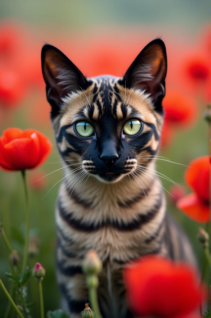 Close up head of black gray and white Egyptian Mau cat Background of poppy fields