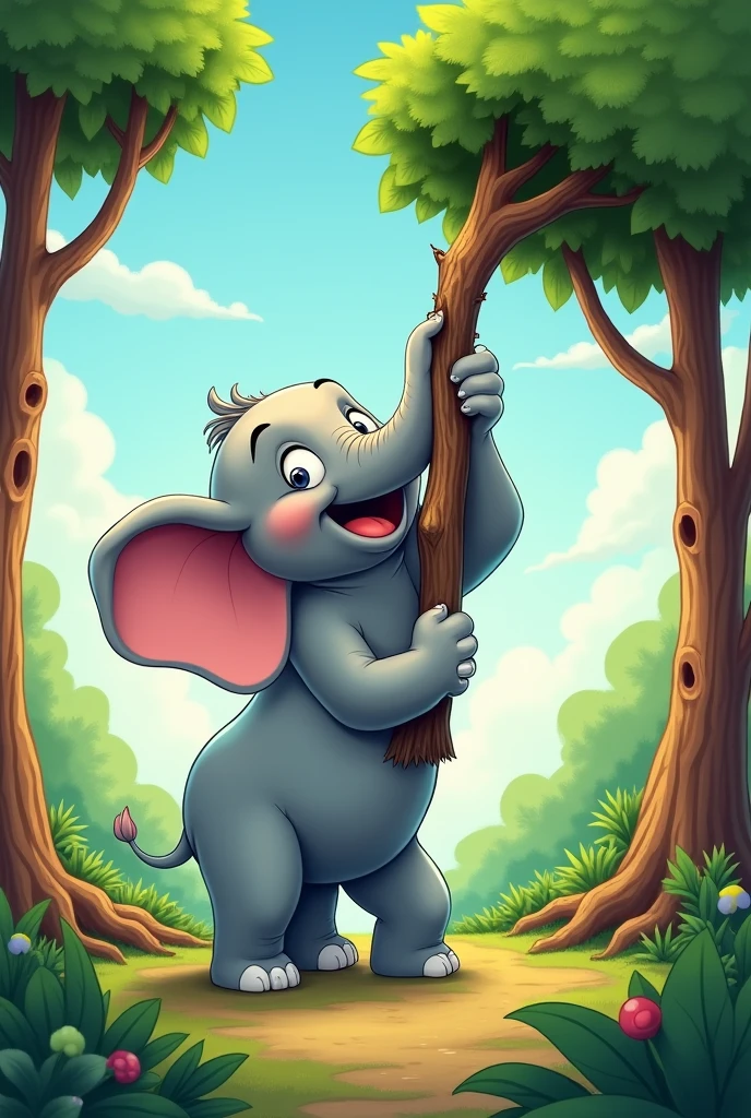 Create a cartoon elephant lifting a tree with its trunk 