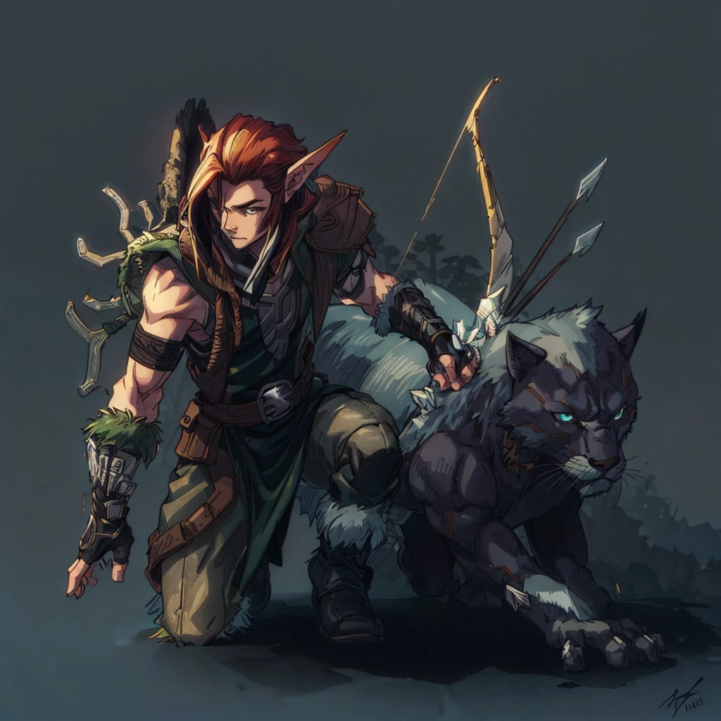 (best qualityer: 0.8), (best qualityer: 0.8), ranger elf with black panther in the forest