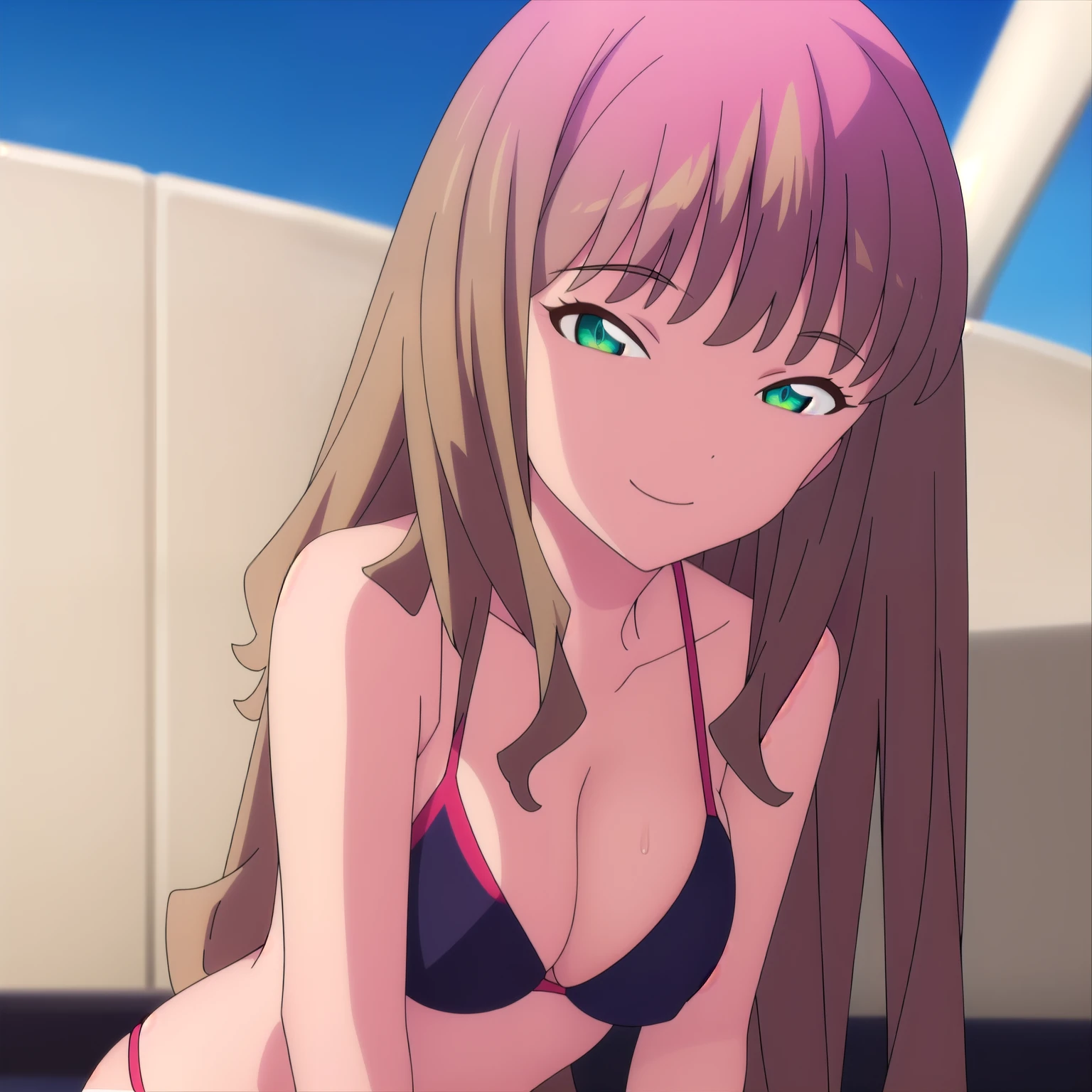 ((masterpiece)),(Best Quality), official art, Extremely detailed CG, unity wallpaper 8k, ultra detailed, detailed eyes, shiny eyes, good body composition, bikini, Black background, black bikini, breasts, Brown hair, neckline, cowboy plane, smile, green eyes, leaning forward, by the wide, looking at the viewer, breasts medianos, simple background, Alone, swimsuit, wet, Front view (sexy expression)