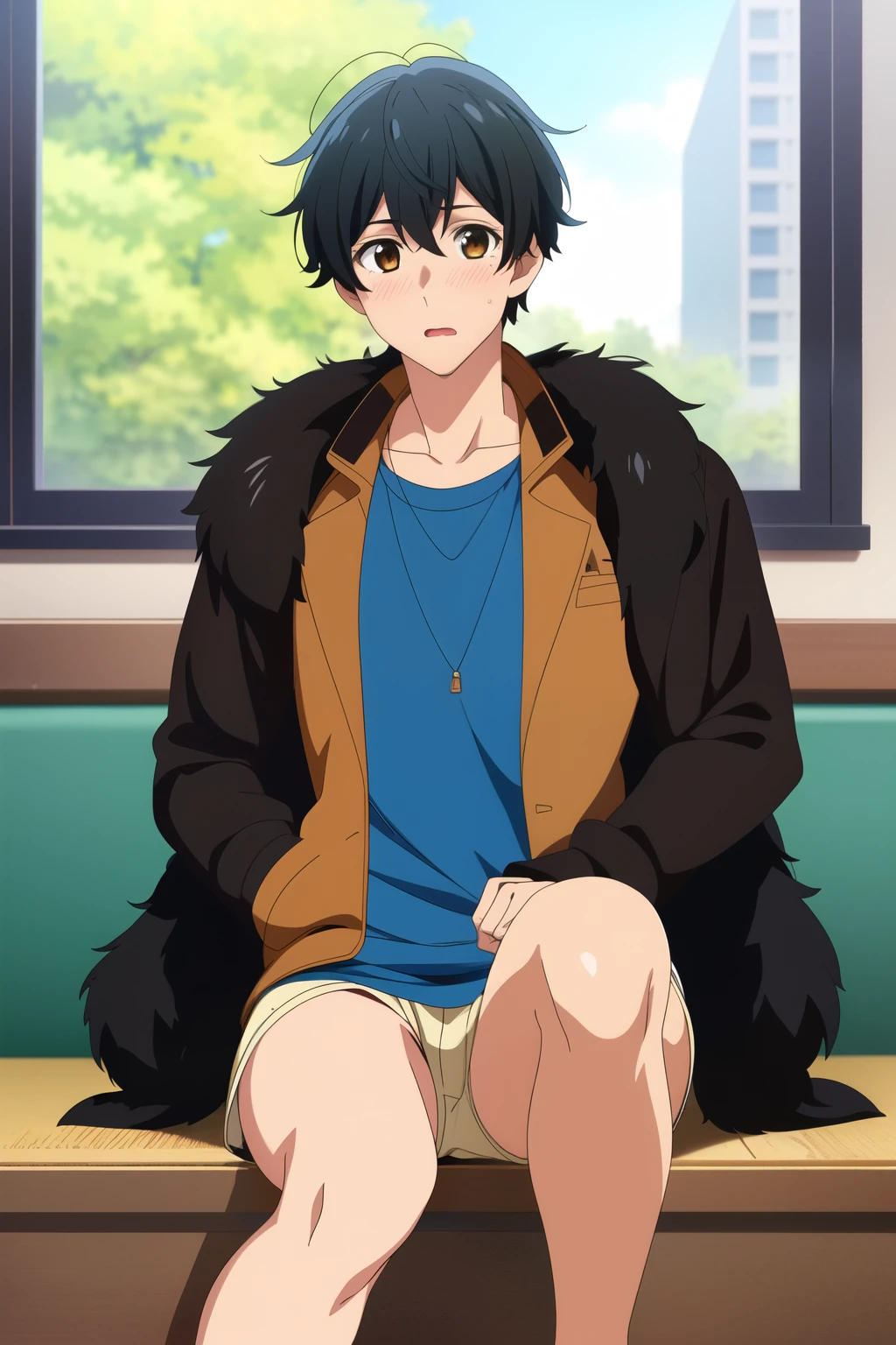 masterpiece, Best Quality, illustration, 1 chico, Alone, male focus, looking at the viewer, Upper part of the body, depth of field, Yoshikazu_Miyano, black fur, Brown eyes, Whole body, semi naked, jacket, body in 3/4, blushing, open legs,