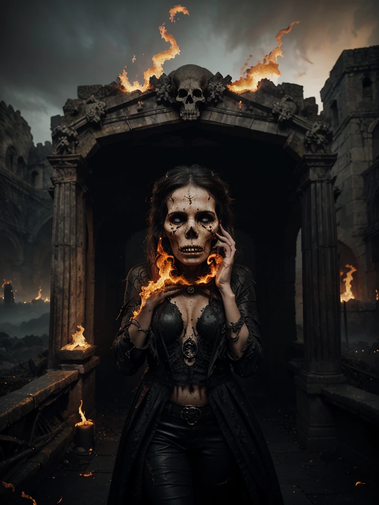 Create an image featuring a surreal and dark fantasy scene with a large skull-like structure with flowing, web-like textures emanating from it, a frightened woman’s face. Include a decrepit stone archway to the right and fiery orange accents throughout the scene. Birds should be flying around, adding movement to the composition