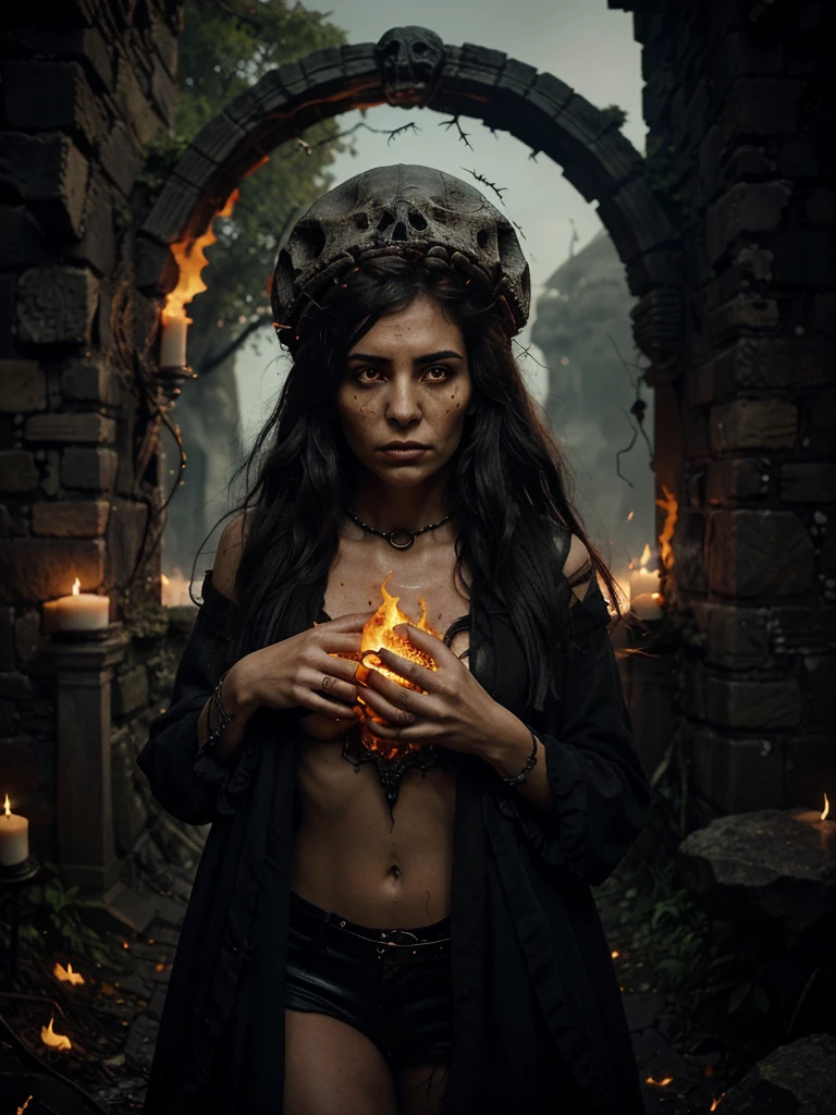 Create an image featuring a surreal and dark fantasy scene with a large skull-like structure with flowing, web-like textures emanating from it, a frightened woman’s face. Include a decrepit stone archway to the right and fiery orange accents throughout the scene. Birds should be flying around, adding movement to the composition