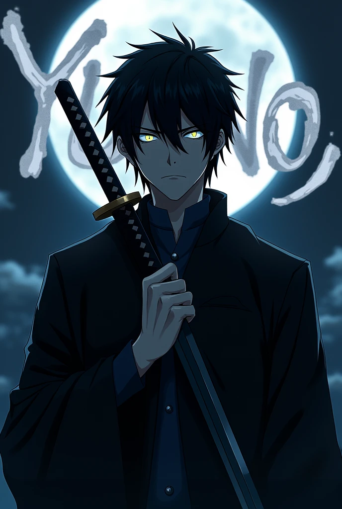 Man with black hair, whose eyes glow and a katana in the night in anime style, behind him the word “Yuno”