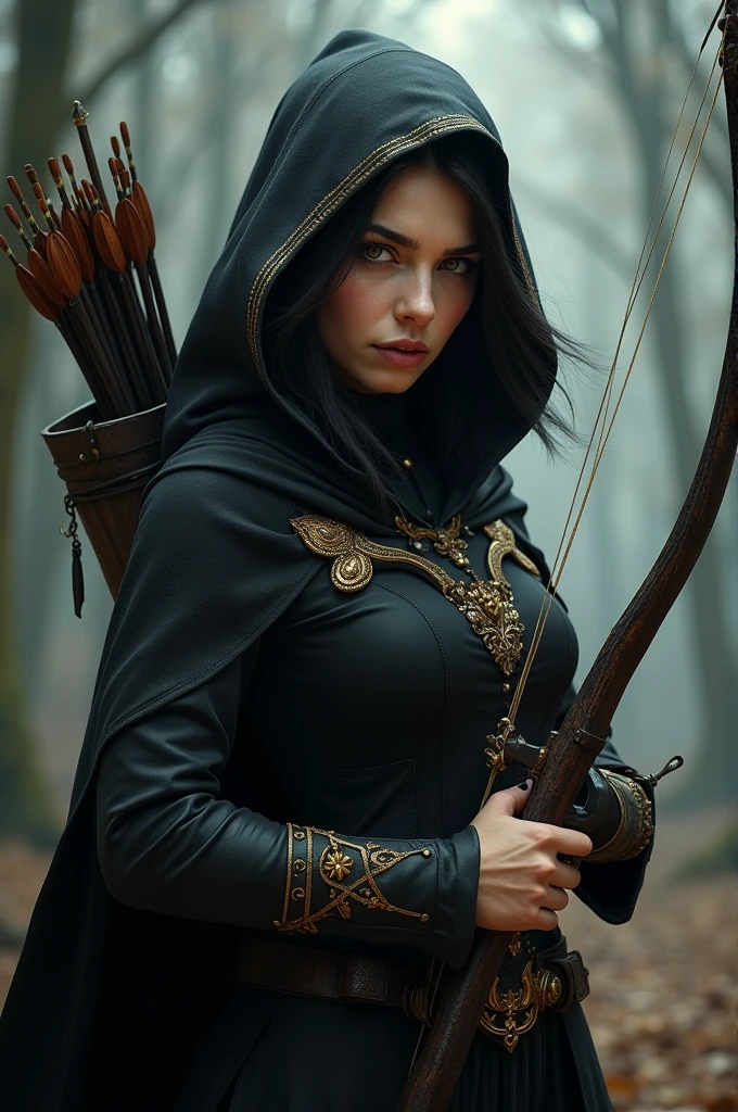 Draw a female half-elf with white skin, little elf ears, Bblack hair, eyes browns, wearing a black cloak with gold details and a built-in hood holding a crossbow in his hands and a quiver on his back with a handful of arrows.