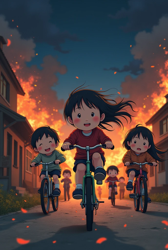 Plusieurs enfants sont sur des vélo,il sont heureux et souri en arrière plant c'est la guerre avec des maisons en feu , des villageois son en pleur et cours , il fais nuit style anime