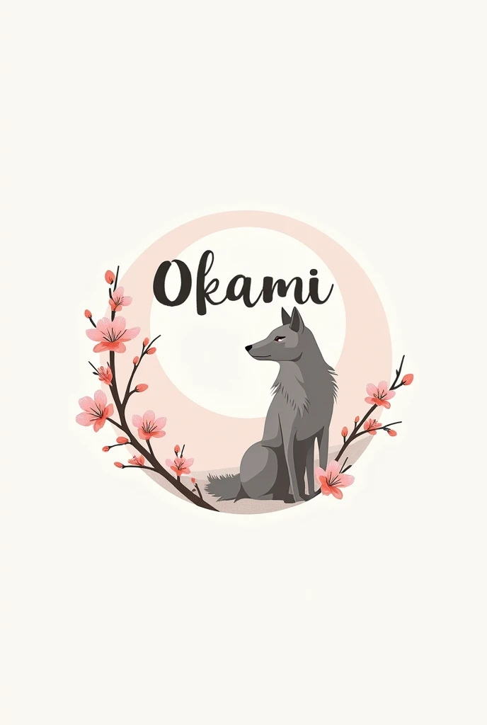 Logo for photography business named Okami Productions. Include a minimalistic wolf, business name, and sakura flowers in the logo. Make logo circular. Paintbrush font.