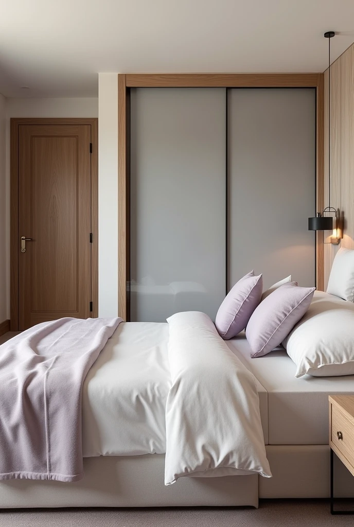 The modern double bed next to the bedroom&#39;s wooden-adorned door, It is complemented by a headboard covered in slats up to the ceiling, bringing a touch of classic elegance. 
The presence of the small Provençal bedside table between the bedroom door and the bed, adds a traditional charm to the space.
The closet at the back of the room, To the left of the bed, It is enclosed from ceiling to floor with clear glass in lavender tones., maximizing storage space, as well as adding a touch of soft, sophisticated color, maintaining the continuity of the neutral and elegant design. 
The frosted glass sliding closet door offers practicality and elegance to the space.