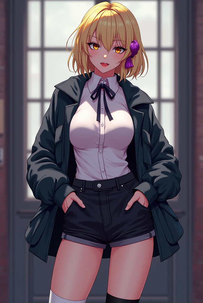 a blonde woman, a purple lock, short hair, somewhat pale skin, two piercings on both sides of her lower lip, several pricing in his right ear, collegiate clothing, drawing version yandere simulator, light brown eyes, one white and one black sock, big breasts, Her measurements are 90 bust, 60 waist and 90 hips.