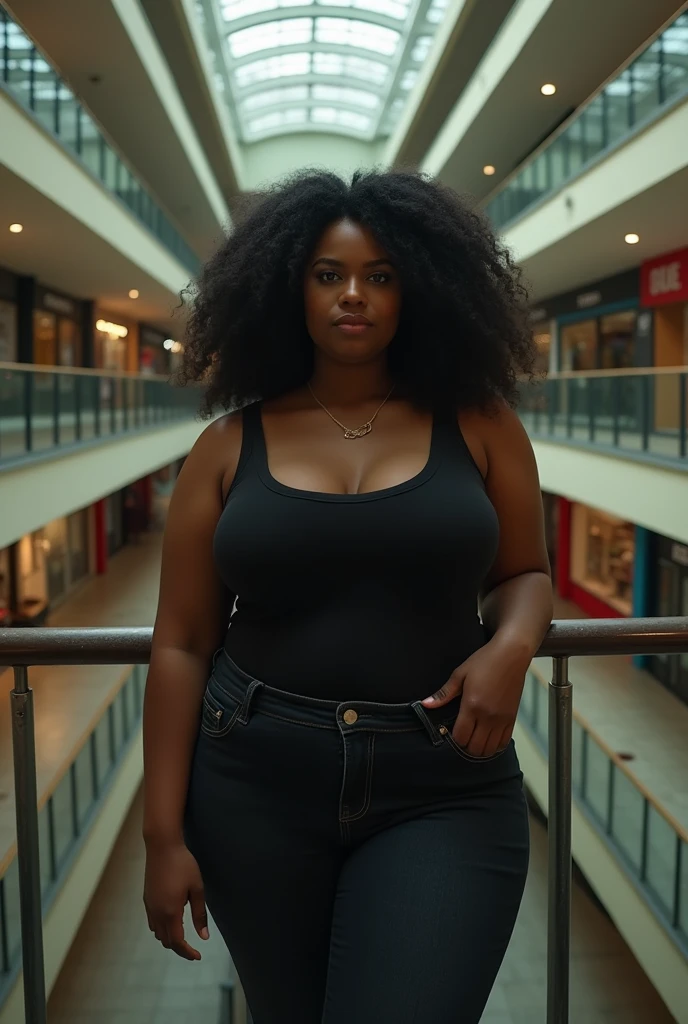 ((Photorealistic, ultra realistic, best quality 16K, best lighting)) An African American woman in an abandoned mall on the third floor, she has black curly hair, dark brown skin, full and large breasts, she is wearing a black tank top and black jeans. 