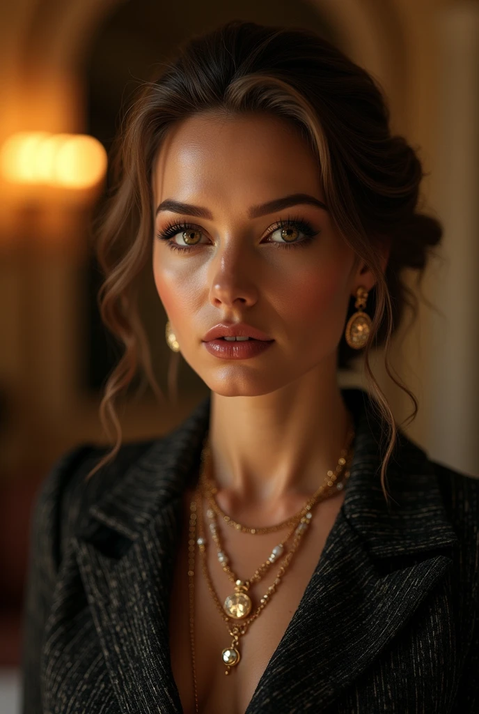 ((Best quality, 4K, high resolution, full-body showcase, show full-body)), (ultra-detailed, photo-realistic:1.37), European female aristocrat, old money vibes, 90s era, (beautiful detailed eyes:1.3), (beautiful detailed lips:1.2), (extremely detailed face:1.4), (long eyelashes:1.1), (elegant hairstyle:1.2), (expensive jewelry:1.3), (luxurious Chanel tweed suit:1.4), (chiaroscuro lighting:1.1), (warm color tone:1.2), (cinematic composition:1.3), (photorealistic:1.5), (8k:1.2), (best quality:1.3), (masterpiece:1.4)