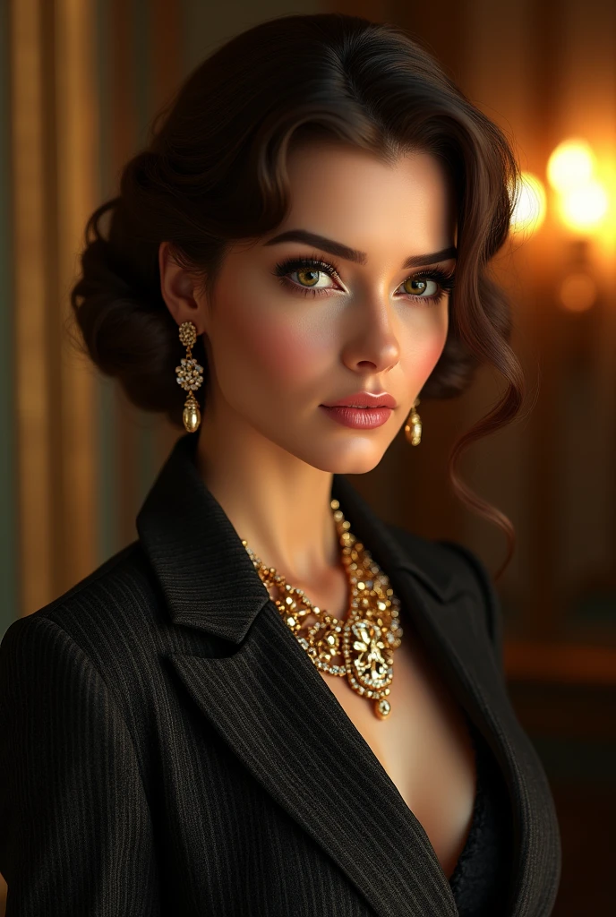 ((Best quality, 4K, high resolution, full-body showcase, show full-body)), (ultra-detailed, photo-realistic:1.37), European female aristocrat, old money vibes, 90s era, (beautiful detailed eyes:1.3), (beautiful detailed lips:1.2), (extremely detailed face:1.4), (long eyelashes:1.1), (elegant hairstyle:1.2), (expensive jewelry:1.3), (luxurious Chanel tweed suit:1.4), (chiaroscuro lighting:1.1), (warm color tone:1.2), (cinematic composition:1.3), (photorealistic:1.5), (8k:1.2), (best quality:1.3), (masterpiece:1.4)