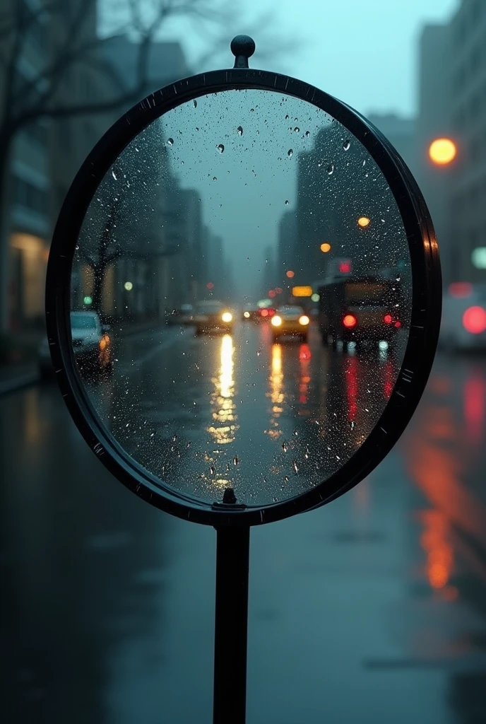 Create mirror photo with rain in the background of a street photo
