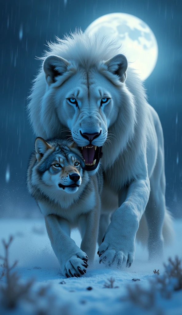 Stunning white lion with blue eyes , with a wolf in the mouth in the snow vivid colors photo in 8k, in action, cinematic raining at night,  moonlight add improvements