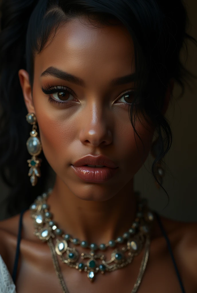 A photorealistic full body shot of Skin Diamond, beautiful detailed eyes, beautiful detailed lips, extremely detailed face and skin, long eyelashes, elegant expression, perfect skin texture, intricate jewelry, dark moody lighting, cinematic composition, dramatic chiaroscuro lighting, rich color palette, masterpiece, best quality, 8k, ultra-detailed, realistic, photo-realistic, elegant long dress