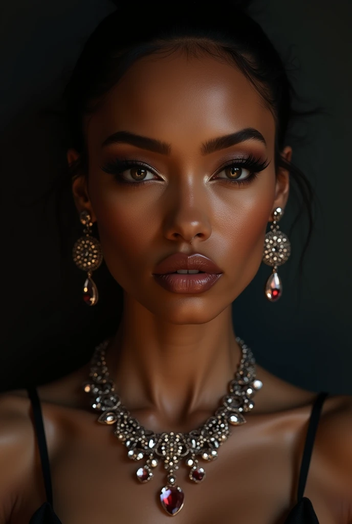 A photorealistic full body shot of Skin Diamond, beautiful detailed eyes, beautiful detailed lips, extremely detailed face and skin, long eyelashes, elegant expression, perfect skin texture, intricate jewelry, dark moody lighting, cinematic composition, dramatic chiaroscuro lighting, rich color palette, masterpiece, best quality, 8k, ultra-detailed, realistic, photo-realistic, elegant long dress