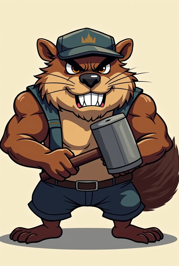 Generate a beaver with angry expressions, em 2d, he needs to hold a sledgehammer, be strong and have a slightly thinner worker's cap