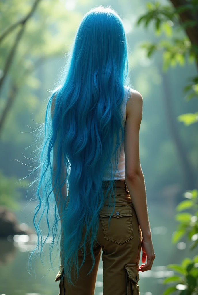 HD girl with long hair wearing brown cargo pants from behind Long Hair, Blue natural hair