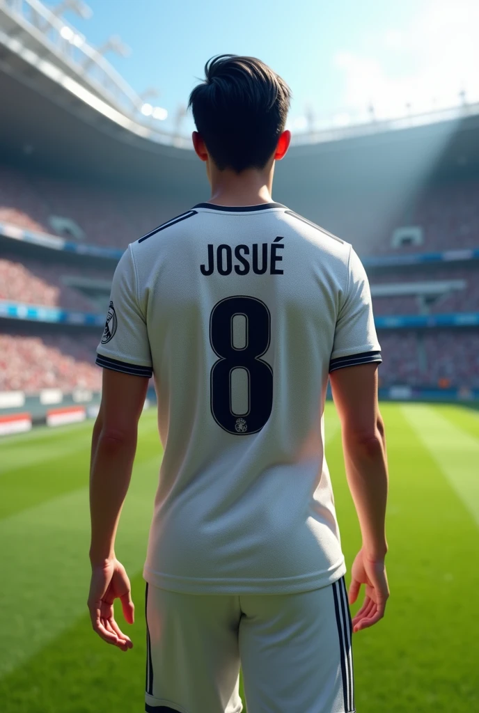 creates an image of a boy from behind with straight straight black hair, with the Real Madrid shirt with the name "Josué" and the number 8 and the boy walks around the stadium (realistic style, and better quality) (Josué: adult, 1 ,74)