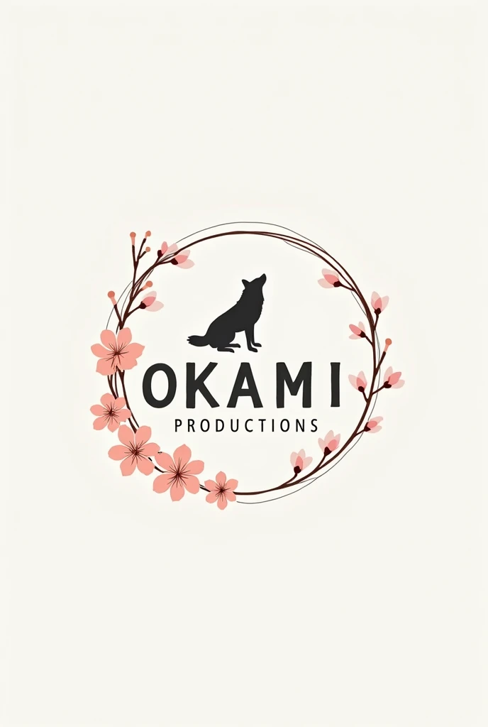 Logo for photography business named Okami Productions. Include a minimalistic wolf, business name, and sakura flowers in the logo. Make logo circular. Paintbrush font.