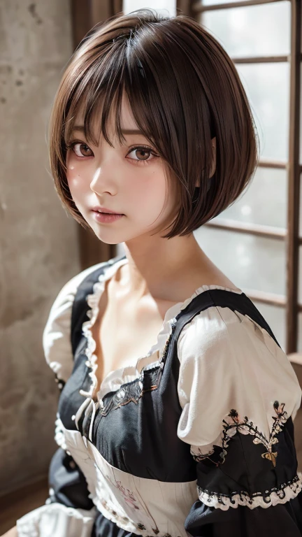 Highest quality, Face Focus, Soft Light, Ultra-high resolution, (Realistic:1.4), RAW Photos,
One of the Japan, alone, cute, (pupil, light in your eyes),  Beautiful face in every detail, (),(High resolution detail of human skin texture),
(Bobcut)、Loose and fluffy hair、
indoor,
(Gothicta maid outfit、Very fine embroidery)、
(Portraiture)