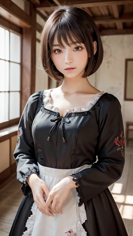 Highest quality, Face Focus, Soft Light, Ultra-high resolution, (Realistic:1.4), RAW Photos,
One of the Japan, alone, cute, (pupil, light in your eyes),  Beautiful face in every detail, (),(High resolution detail of human skin texture),
(Bobcut)、Loose and fluffy hair、
indoor,
(Gothicta maid outfit、Very fine embroidery)、
(Portraiture)