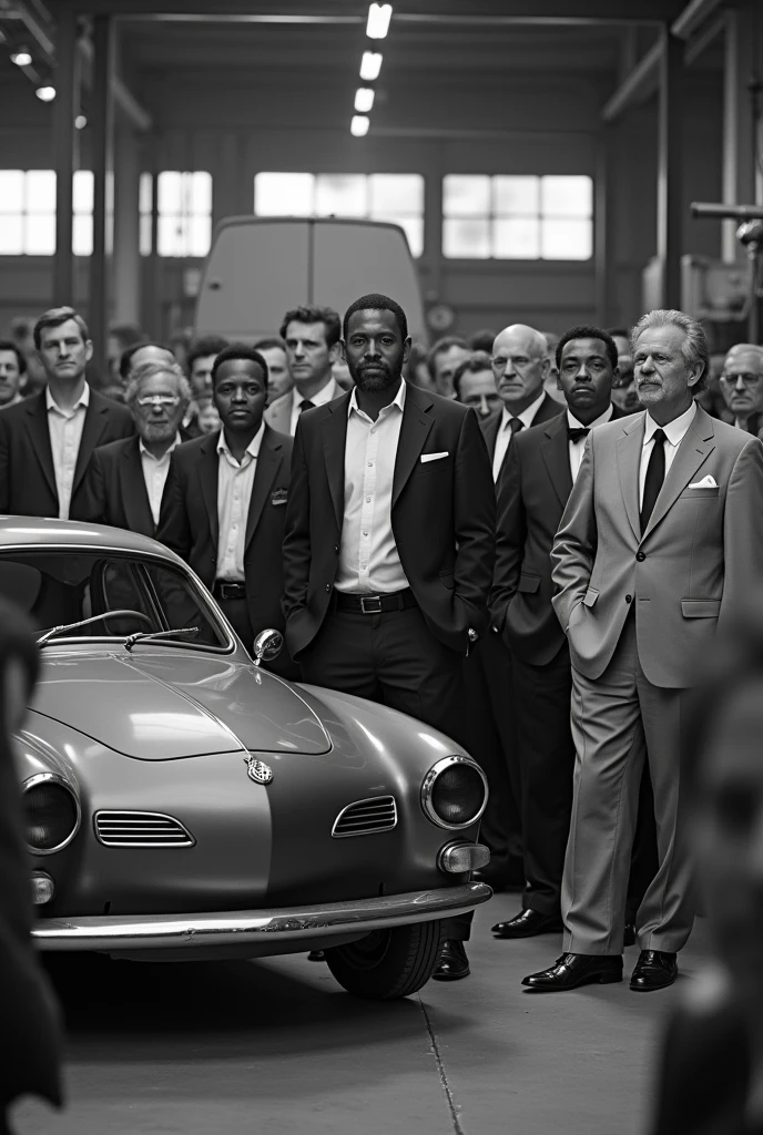 Realistic black and white photography. The photo takes place in 1980. The photo shows men and women dressed in formal and elegant clothes.. Some are sitting and some are standing. One of the men is black, aged 60, with formal clothes, beard and mustache. Everyone is in a big mechanic shop. In front of them all, there is a volkswagen karmann ghia being built.