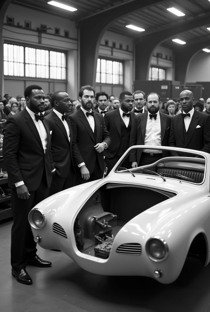 Realistic black and white photography. The photo takes place in 1980. The photo shows men and women dressed in formal and elegant clothes.. Some are sitting and some are standing. One of the men is black, aged 60, with formal clothes, beard and mustache. Everyone is in a big mechanic shop. In front of them all, there is a volkswagen karmann ghia being built.