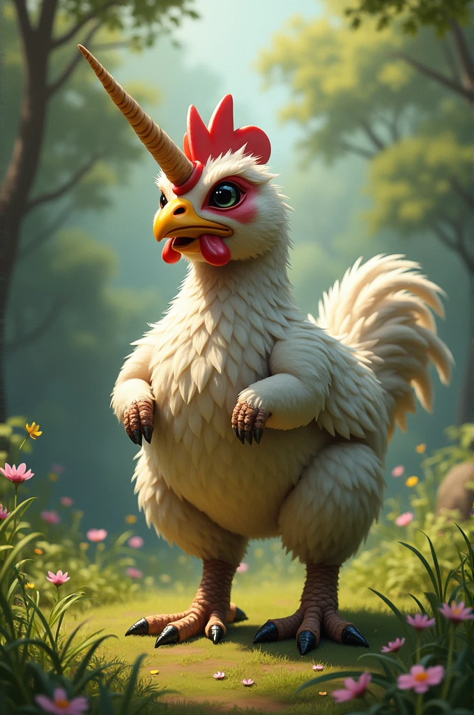Une poule qui a un corps de marmotte, des pattes de T-Rex et une corne de licorne sur la tête