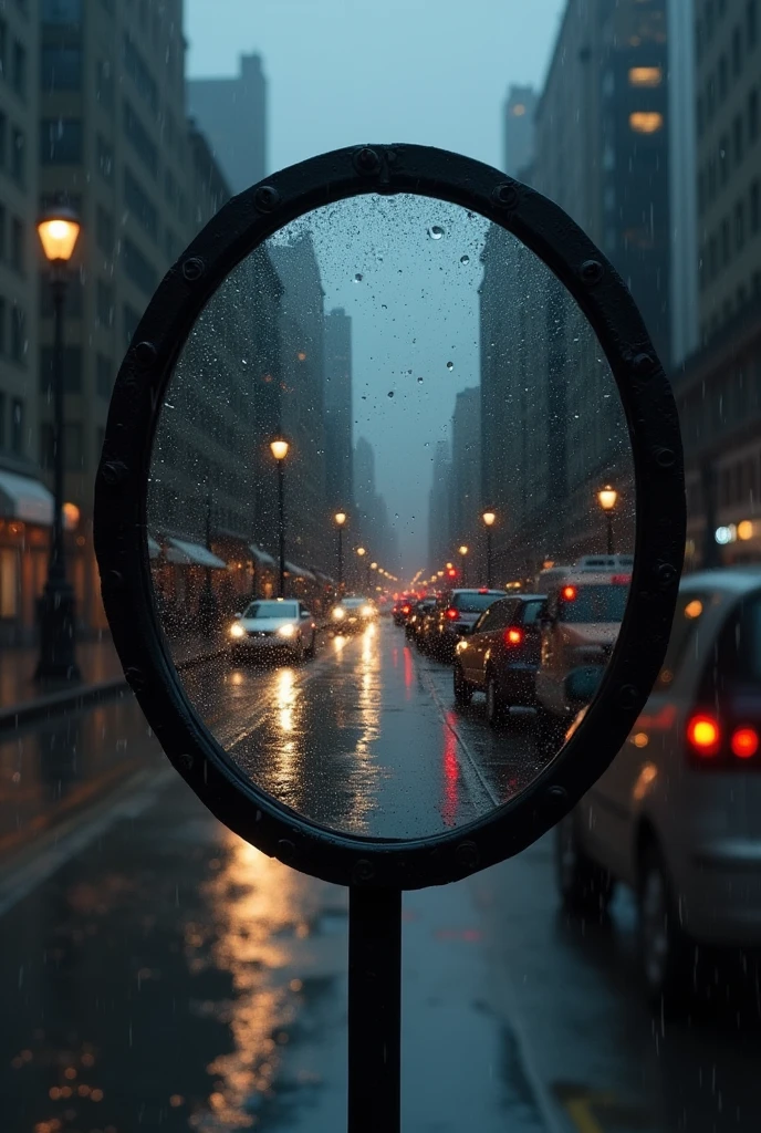 Create mirror photo with rain in the background of a street photo