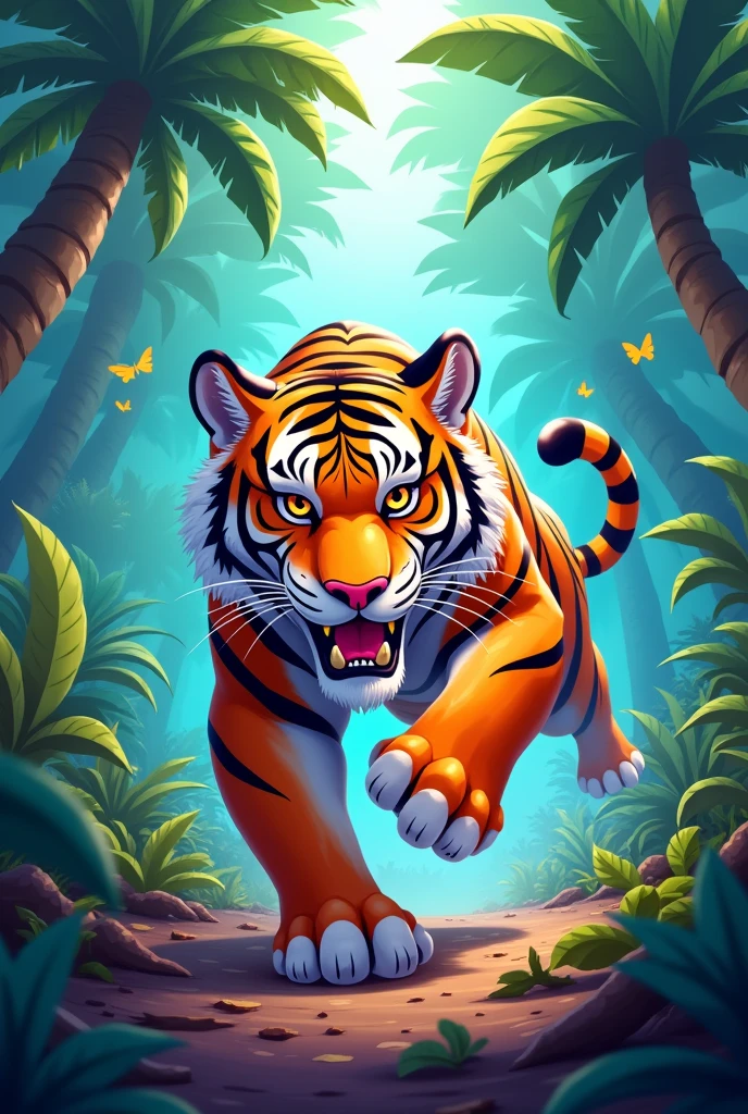 Create a cartoon tiger running fast in the jungle 