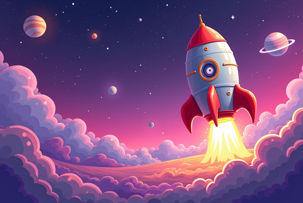 a cartoon rocket in the right corner taking off with space and planets in the background i want it to have a purple theme in landscape mode
