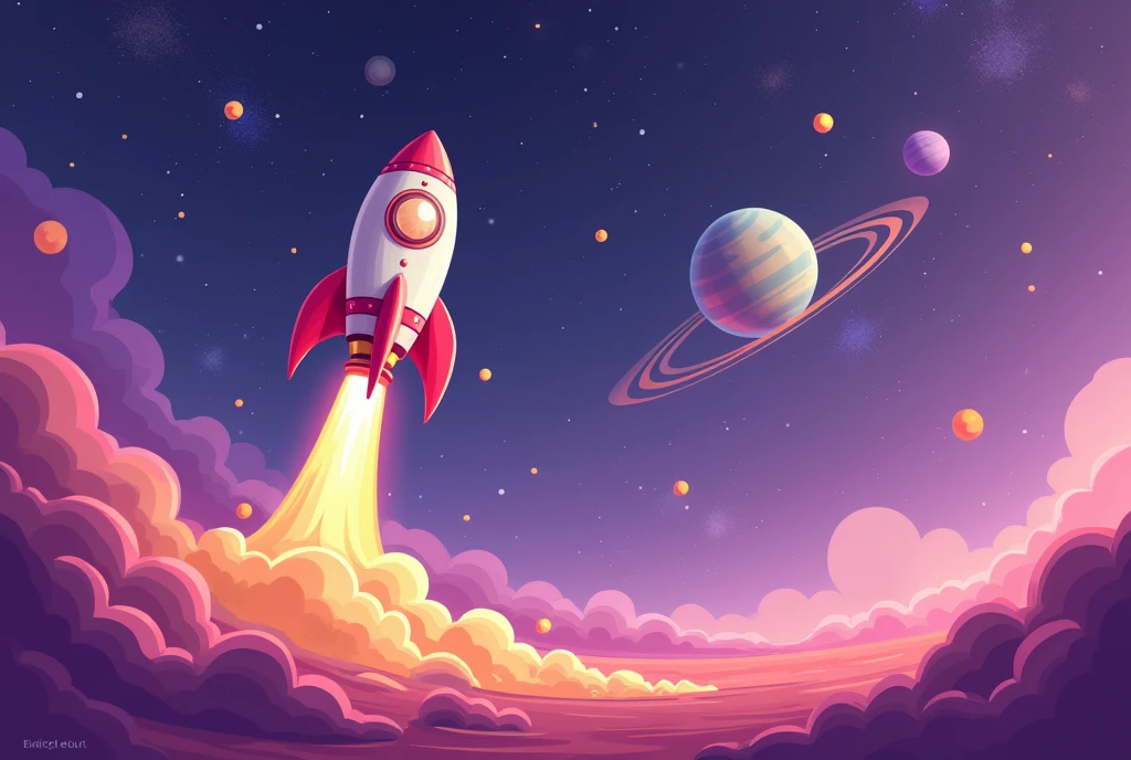 a cartoon rocket in the right corner taking off with space and planets in the background i want it to have a purple theme in landscape mode