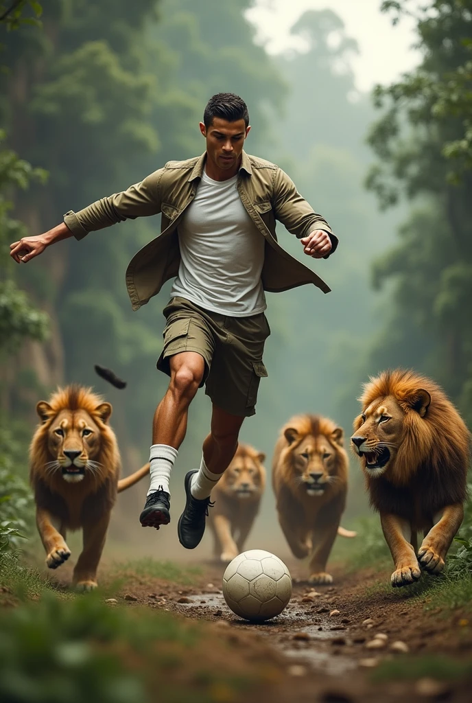 Cristiano Ronaldo;dans la jungle;porte un t-shirt blanc et une chemise kaki;une culot et rattrape le ballon;des lions qui court derrière lui et il saute en haut d'un lion