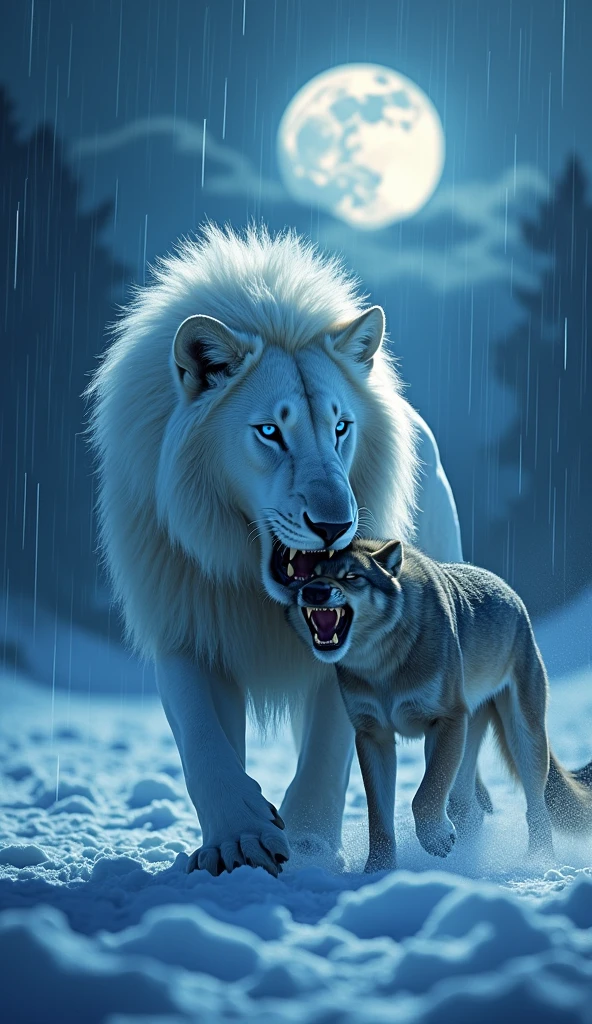 Stunning white lion with blue eyes , with a wolf in the mouth in the snow vivid colors photo in 8k, in action, cinematic raining at night, moonlight add improvements