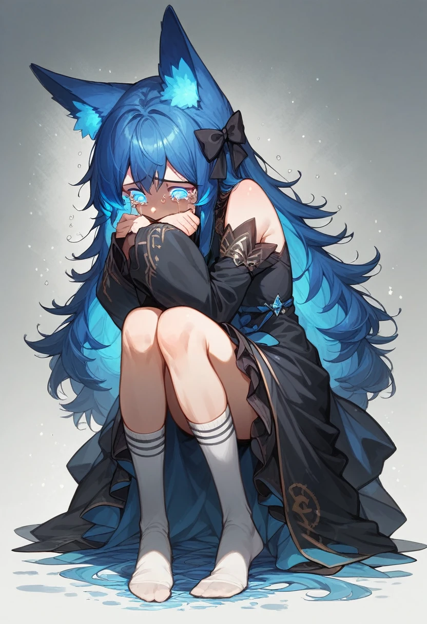 uhd, textured skin, good quality, High details, masterpiece, best quality, (Amazingly absurd:1.2), (masterpiece:1.2), fluffy, 1 fox girl, cute long black dress, looking sad, looking down, crying, tears, glowing eyes, shining hair , Whole body love, black long hair, hair bow, white knee socks, full body, Kawaiitech, Kawaii, alone in the night, heavy rain,