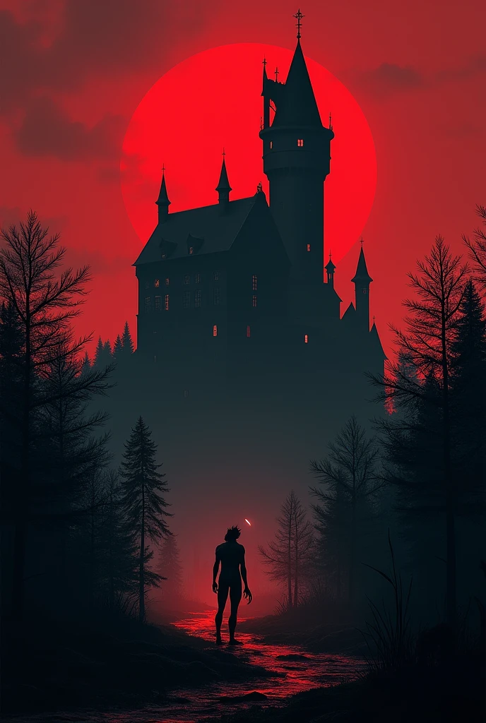 A castle with high walls, tall black towers, windows illuminated with white lights. A red sky in the background. A forest at the base of the castle. A naked demon looking from the forest.