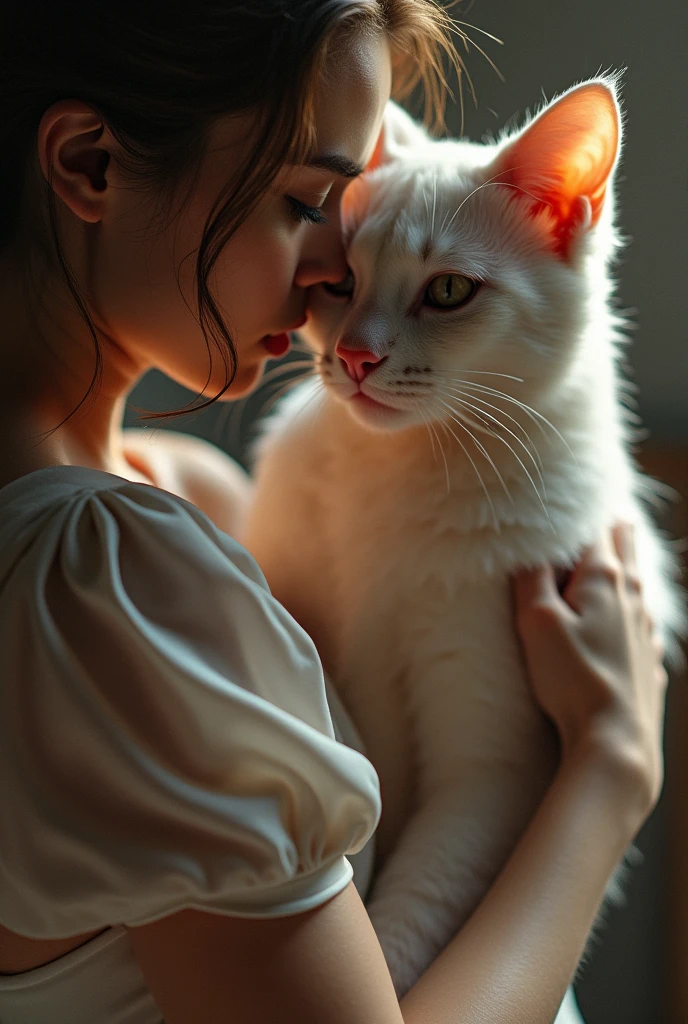 The female cat is stunningly elegant and sexy, with smooth, white fur that contrasts beautifully against her slim, curvy figure. She’s dressed in a form-fitting, silky dress that drapes sensuously around her body, highlighting her feminine curves. Her large, expressive eyes are half-closed, giving her a sultry, seductive look as she leans into the male cat’s embrace. Her fur and whiskers glisten in the light, adding to her allure, and her lips are slightly parted as if in a moment of intimate connection.