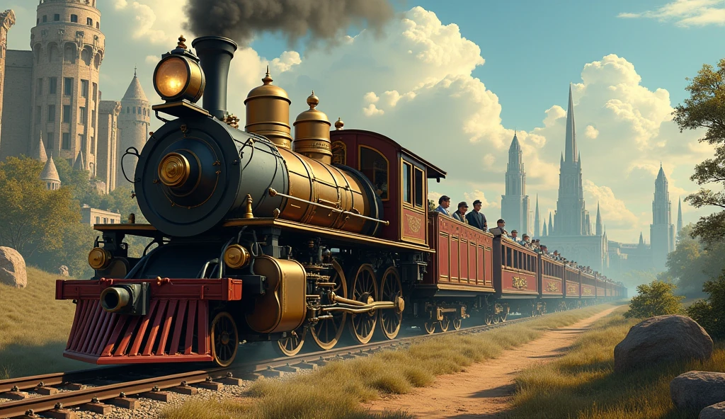 A vintage steam train, adorned with brass fixtures and wooden panels, chugs through a kaleidoscope of eras and dimensions. Each carriage is a time capsule, passengers dressed in attire from bygone days: 1920s flappers, medieval knights, or ancient pharaohs. The train's iron wheels screech as it speeds through a dreamlike landscape where eras converge: Art Deco skyscrapers pierce the sky alongside crumbling Romanesque castles and primordial landscapes teeming with dinosaurs.