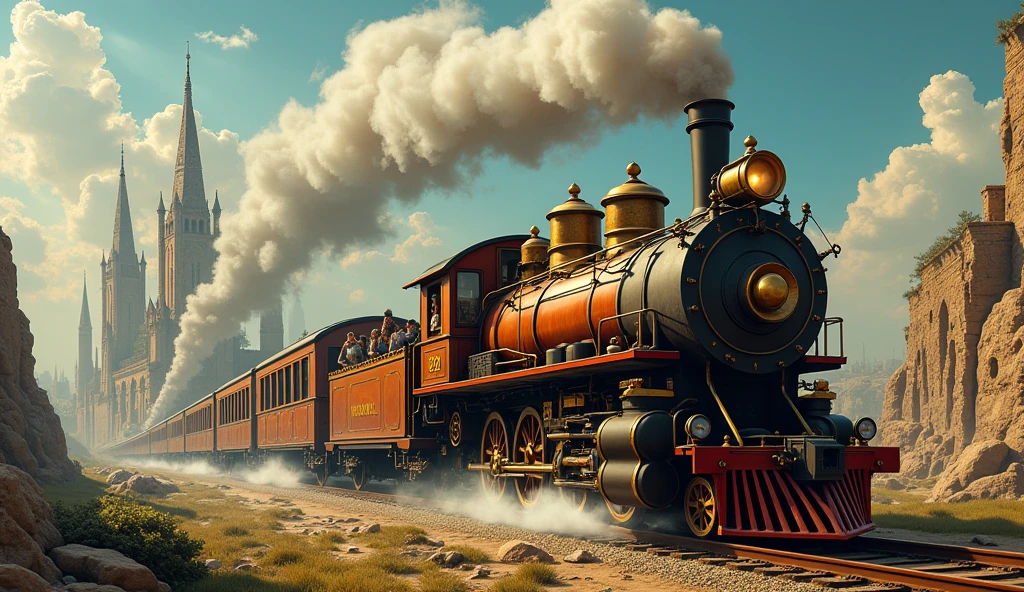 A vintage steam train, adorned with brass fixtures and wooden panels, chugs through a kaleidoscope of eras and dimensions. Each carriage is a time capsule, passengers dressed in attire from bygone days: 1920s flappers, medieval knights, or ancient pharaohs. The train's iron wheels screech as it speeds through a dreamlike landscape where eras converge: Art Deco skyscrapers pierce the sky alongside crumbling Romanesque castles and primordial landscapes teeming with dinosaurs.