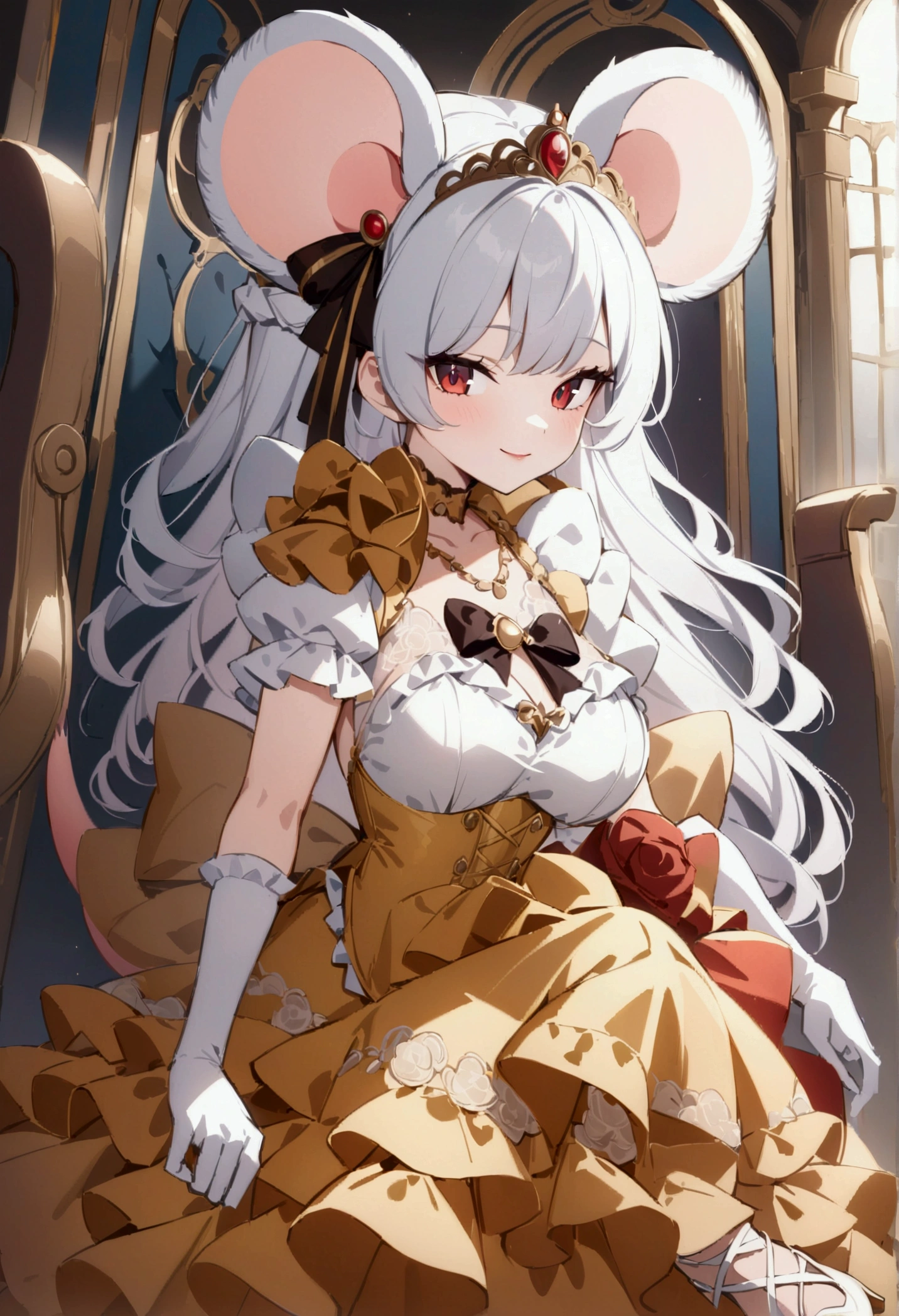 (best quality,4k,8k,highres,masterpiece:1.2), ultra-detailed, Pretty anthropomorphic mouse girl has a princess, drawn in anime style, steampunk, wearing a yellow princess mermaid gown with puffy sleeves, steampunk, gorgeous frilly dress design,flowing gown,elaborate lace details,rich textures,contrast stitching,delicate ribbon bows,floral accents, flowers embroidery, full skirt,short sleeves,fitted waistline,flared cuffs,lace-up back,luxurious fabrics,flawless silhouette, long curly white hair and red eyes, white fur, smiling, mouse ears and tail, high heels, white elbow gloves, gold bracelets, tiara made of seashells, red lipstick, eyeshadow, seashell necklace, sitting elegantly on a throne.